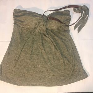 Green  Sleeveless Vegan Leather Trim Halter Top